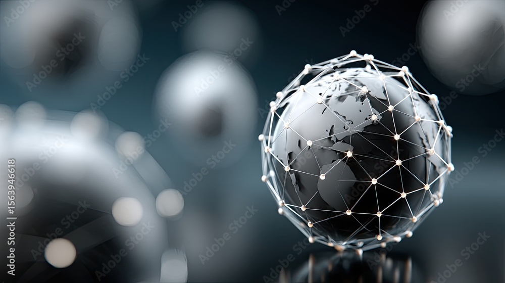 Poster visual representation of a futuristic global network with planet earth composed of glowing elements 