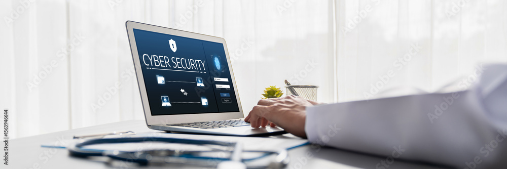 Poster cyber security system on computer screen protect private information brisk from hacker and cyber att
