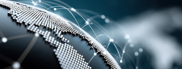 Visual representation of a futuristic global network with planet Earth composed of glowing elements set against a dark blue backdrop