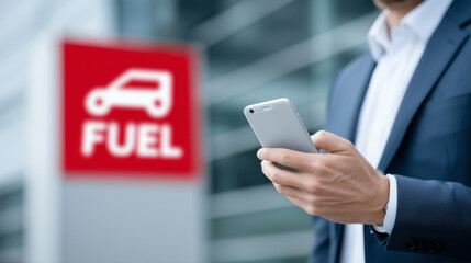 Close-up of phone held toward fuel sign, display clear for app interface