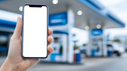 Gas station scene, hand with phone aimed at empty digital price board
