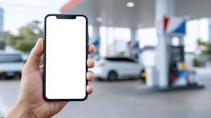 Close-up of phone held toward fuel sign, display clear for app interface
