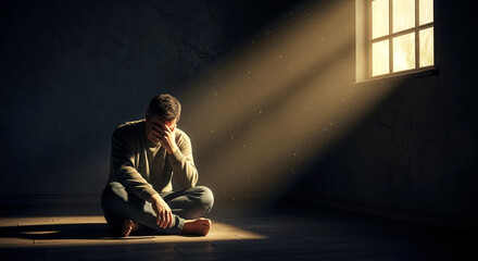 Man sitting alone in dark room with light streaming through window