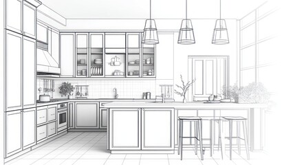 Architectural kitchen design blueprint.