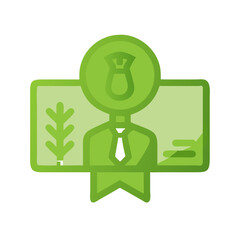 Green certification symbol featuring a professional figure representing sustainability in a modern design