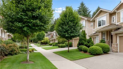 Obraz premium Enjoy the beauty of a home with manicured landscaping and vibrant greenery in a serene setting