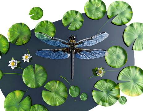 Top View of a Dragonfly Flying Above a Pond with Water Lilies, Transparent Background
