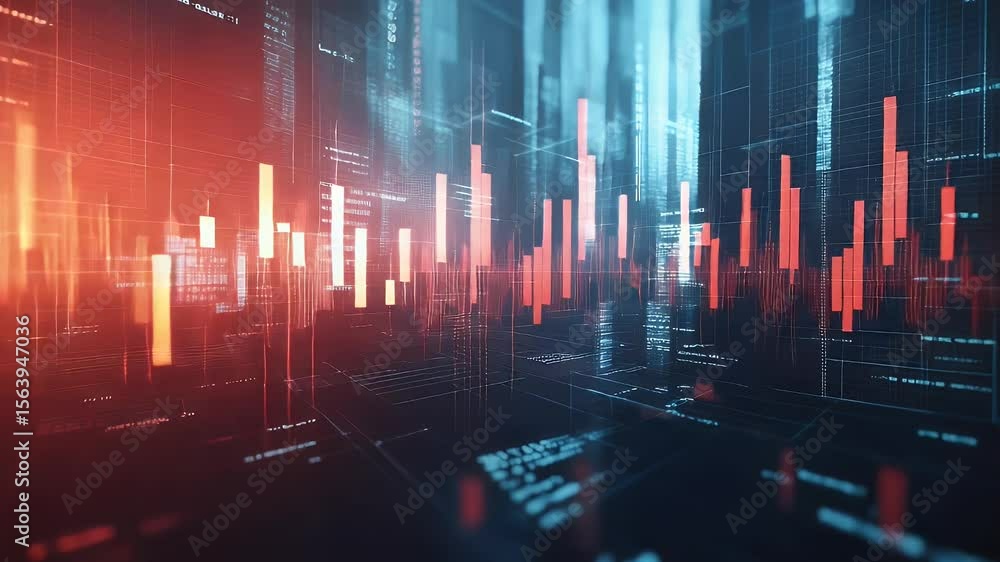 Poster abstract digital landscape with vibrant red and blue hues. data visualization with bar graphs creati