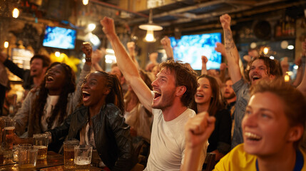 Obraz premium Fans watching a football match at a sports bar, cheering with drinks, energetic atmosphere, friendship and fun, people enjoying the game together indoors.