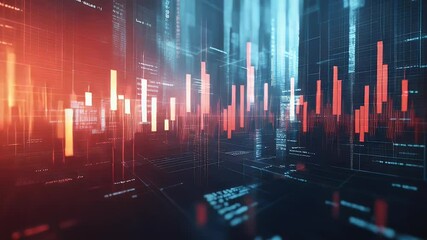 Abstract digital landscape with vibrant red and blue hues. Data visualization with bar graphs creating futuristic cityscape. Glowing lines and particles suggesting data flow and network connections. - Powered by Adobe