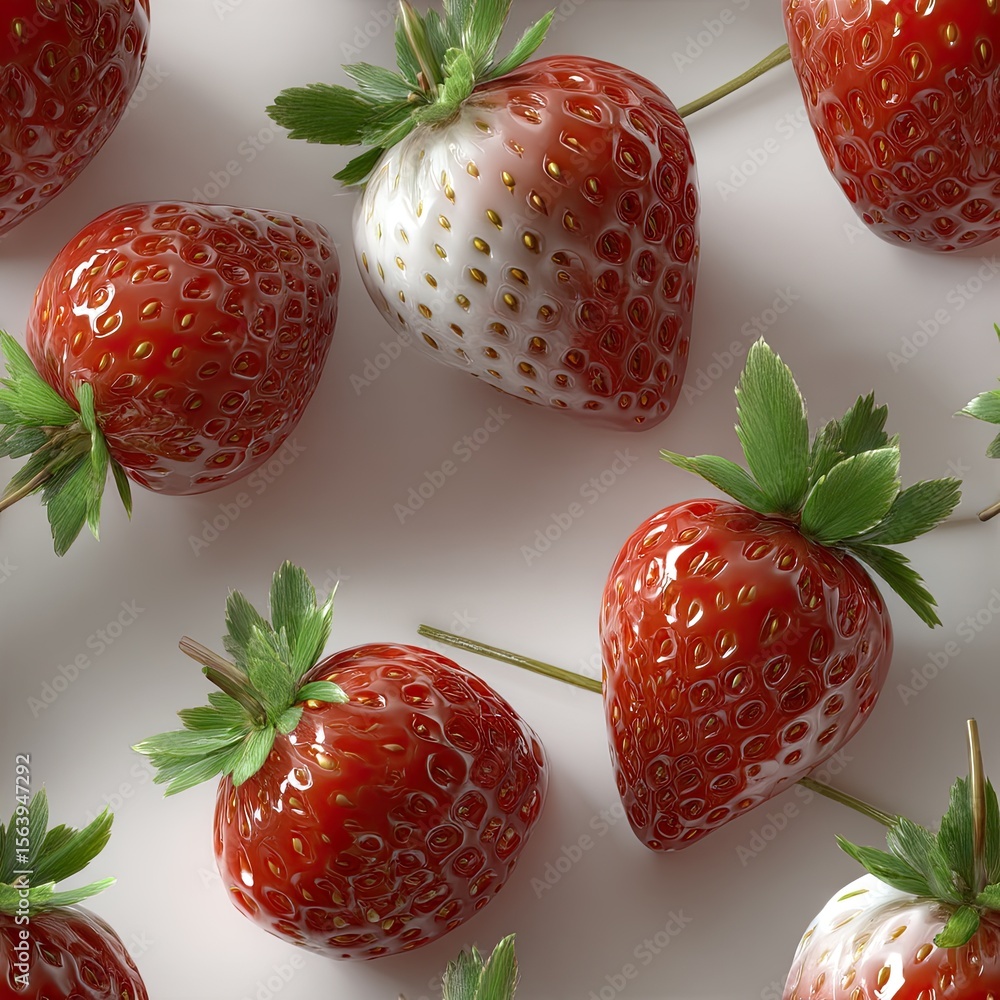 Poster glossy strawberries fill the center while lush strawberry fields create a refreshing and appetizing 