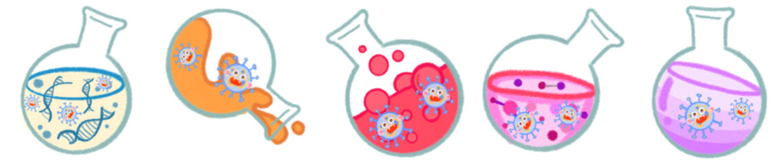 Cute Science Virus Characters in Laboratory Flasks for Fun Learning Art