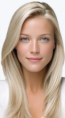Naklejka premium A small blonde woman with fair skin and hazel eyes shows innocence and curiosity, highlighting her striking features in a neutral setting