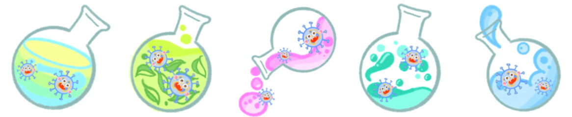 Cute Science Virus Characters in Laboratory Flasks for Fun Learning Art