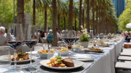 Fototapeta premium People savor red wine and tapas in an outdoor dining area at sunset, surrounded by palm trees and historic architecture