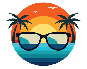 Retro summer sunset scene with sunglasses palm trees and serene ocean in a circle illustration. t-shirt design, summer, sunset, beach, sunglasses.