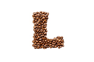 The letter L formed from roasted coffee beans isolated on transparent background, png, cutout