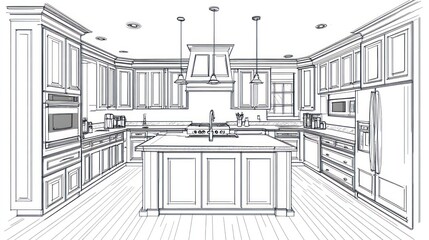 Detailed architectural drawing of a modern kitchen design.