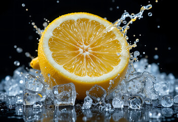 Fresh Lemon Slice with Water Splash on Ice