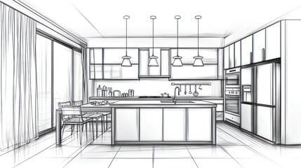 Architectural sketch of a modern kitchen design.