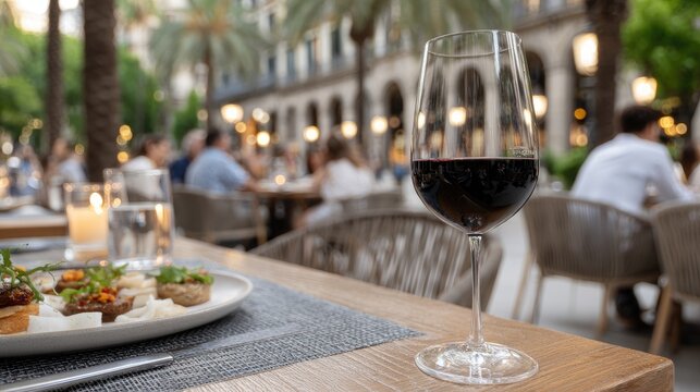 People savor red wine and tapas in an outdoor dining area at sunset, surrounded by palm trees and historic architecture