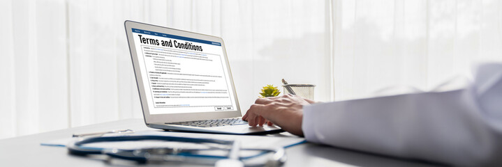 Digital legal contract provide terms and conditions document on computer screen ready for online...
