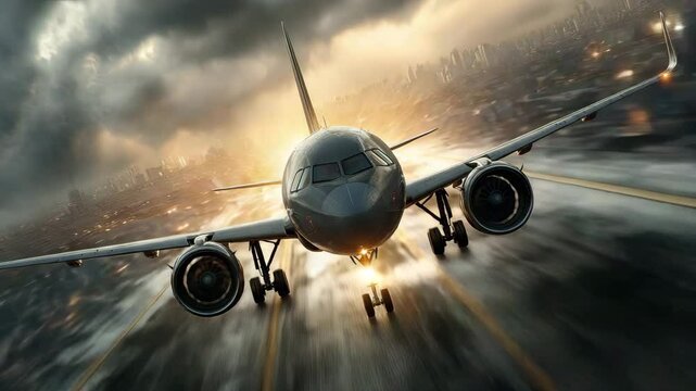 Airplane cinematic takeoff, airplane cinematic flight, airplane cinematic runway