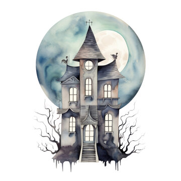 Halloween haunted house with moon in watercolor style