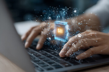 Digital innovation concept with glowing circuit board and human hands typing on keyboard technology