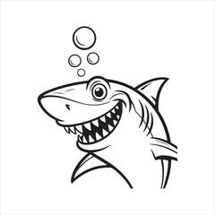 Naklejka premium Happy cartoon shark with sharp teeth and bubbles in black and white