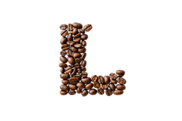 The letter L formed from roasted coffee beans isolated on transparent background, png, cutout