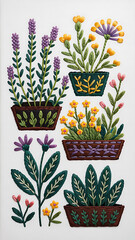 Embroidered potted herbs and flowers in various colors.
