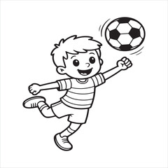Happy cartoon boy kicking a soccer ball with his foot in a dynamic pose