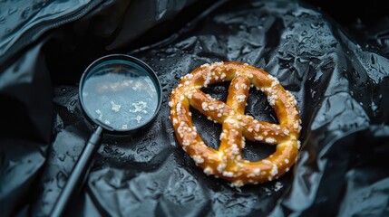 A pretzel near a gym bag appears untouched. A magnifying glass shows sweat-transferred bacteria on its surface.