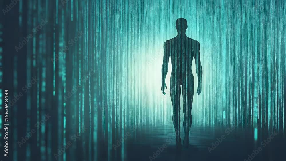 Poster futuristic humanoid figure walking forward through a data stream tunnel digital illustration teal gr