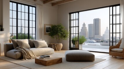 Fototapeta premium Warm sunset glow fills this high-rise balcony with a view of downtown Grimwood, inviting relaxation with a coffee table and reading chair