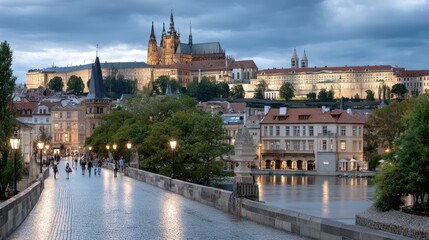 Obraz premium Strollers enjoy a quiet evening on the bridge overlooking the city under a purple sky and glowing lanterns.