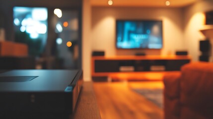 A high-end gaming console on the left, blurred entertainment room in the background