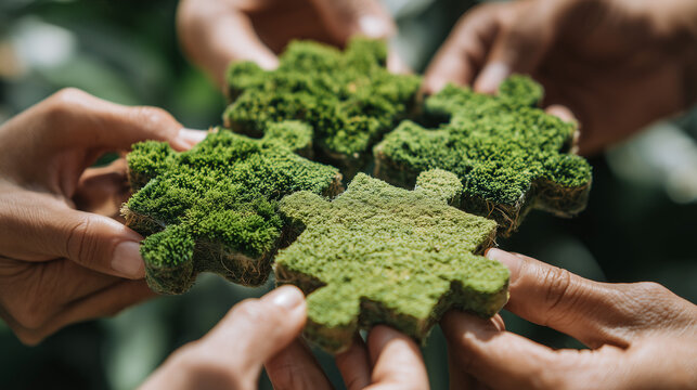 green business corporate put jigsaw together for sustainable environment development goal group of volunteers help solve environmental problem together to net zero world environment day esg concept