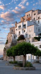 Obraz premium Breathtaking landscape of Coast reveals stunning hillside homes and tranquil sea under a dramatic evening sky