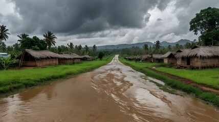 Obraz premium Wet Village Road Winding Through Lush Greenery and Traditional Huts, Overcast.