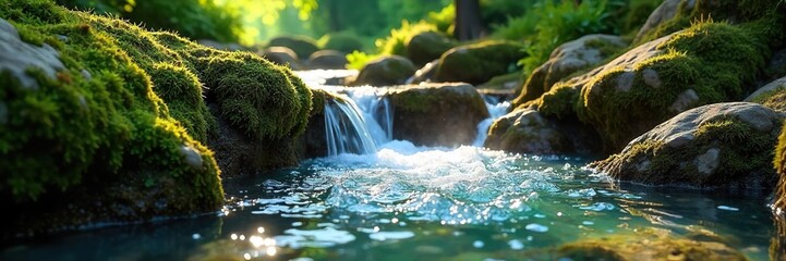 Sparkling Spring Water Cascading Over Mossy Rocks in Sunlight A Vibrant Nature Scene Perfect for Ecology, Environmental, and Wellness Themes