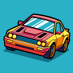 Design a retro postcard featuring this yellow car parked near a beach with palm trees and a sunset.
