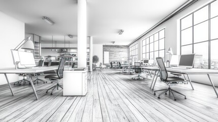 A modern, open-plan office space, rendered in grayscale.