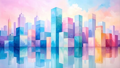Pastel Cityscape: A Dreamlike Metropolis Reflecting on Calm Waters