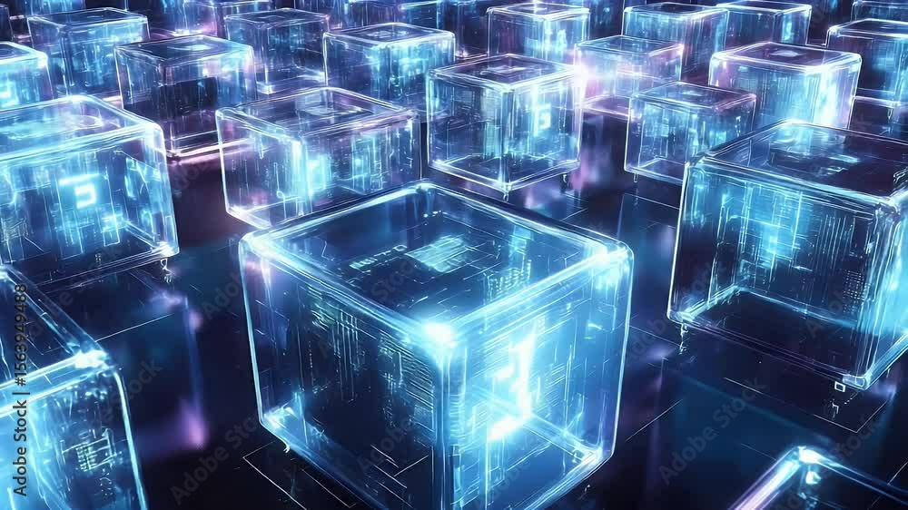 Poster futuristic digital cubes with glowing blue light emitting from within arranged in a grid representin