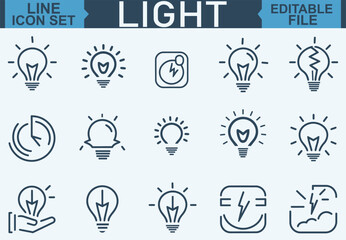 Lightbulb Icon Set Featuring Linear Light Bulb Symbols for Idea and Creativity Concepts in Editable Stroke Vector Illustration