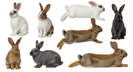 Charming and Playful Collection of Diverse Cute Rabbits in Various Poses for Animal Enthusiasts and Artistic Inspirations, isolated on a transparent background