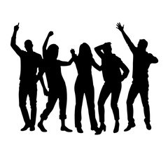 Group of friends dancing and celebrating in silhouette on white background  