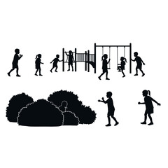 Children playing at a playground surrounded by bushes and trees  